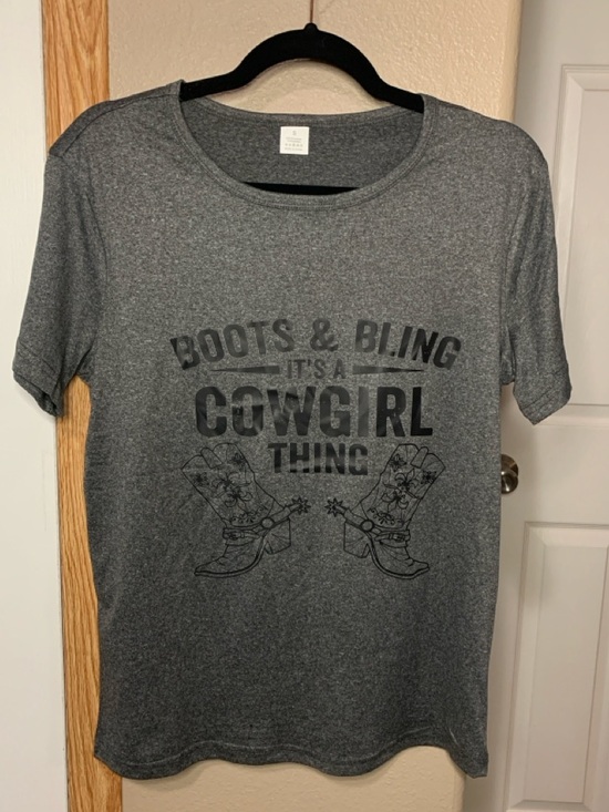 WESTERN Gray Graphic Print Short Sleeve Tee Shirt Boots and Bling - Picture 3 of 4
